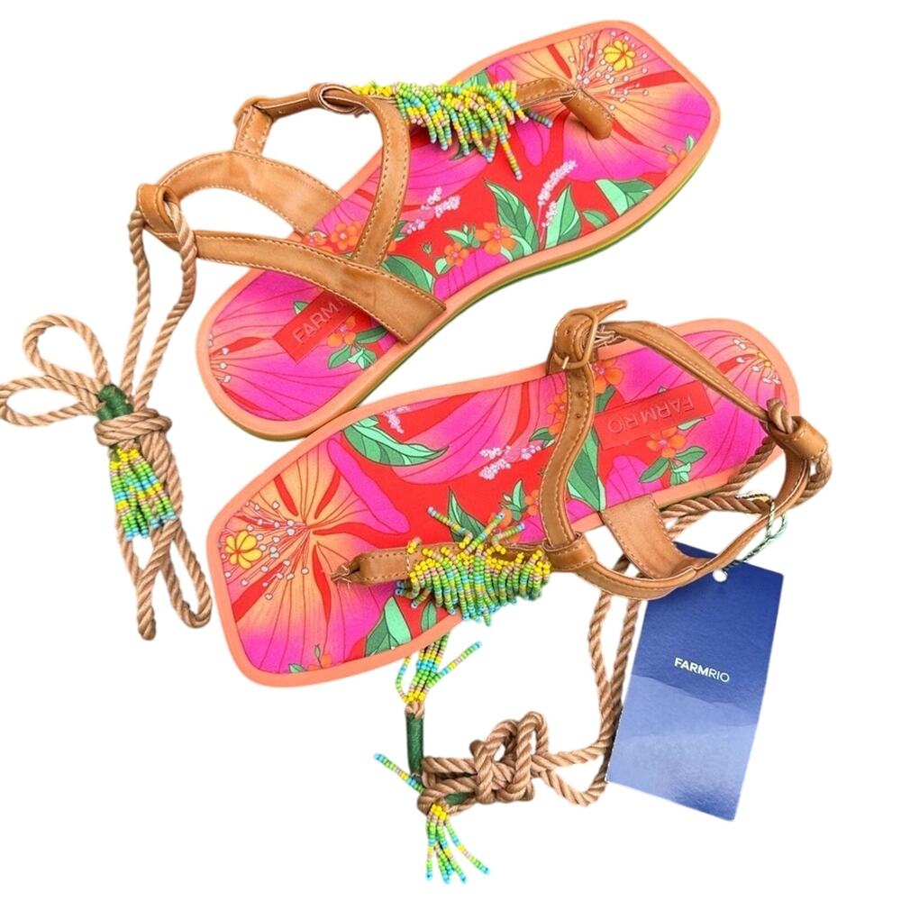 Farm Rio | NWT Size 7 Floral Pierre Beaded Flat Sandals
